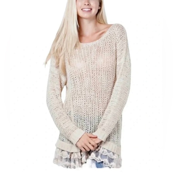 NTM: Entro Open Weave Knit Crochet Layered Lace Cream Tunic Sweater Sz M - Picture 16 of 16